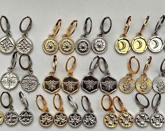 Coin hoop earrings, Dainty mini circle huggie earrings, Engraved medallion gold or silver earrings, Minimalistic simple aztec jewelry