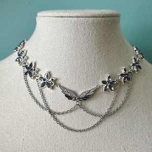 Elegant grey floral butterfly silver choker necklace, Angelic fairycore ethereal necklace, Regency princess fantasy fairytale elven choker