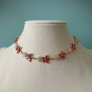 Angelic feminine fairycore necklace, Royalcore botanical red flower fairytale choker necklace, Gold regency majestic princess fairy choker