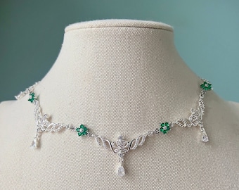 Silver Fairycore Green Floral Choker Necklace, Elegant Emerald