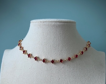 Ruby red diamond choker necklace, Dainty fairycore fantasy choker, Elegant simple royalcore jewelry, Cute princess coquette fairytale charm