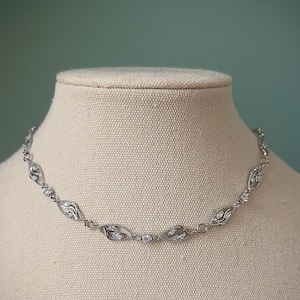 Delicate dainty silver floral chain choker necklace, Silver layering rhinestone necklace, Simple elegant regal bridal jewelry, Formal choker