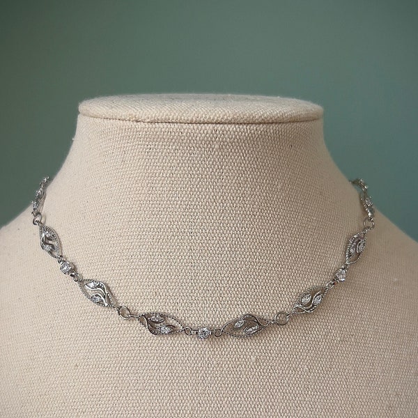 Delicate dainty silver floral chain choker necklace, Silver layering rhinestone necklace, Simple elegant regal bridal jewelry, Formal choker