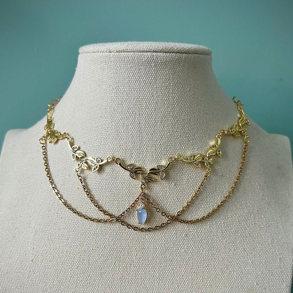 Gold draped leafy vine choker necklace, Renaissance fantasy fairytale majestic jewelry, Elegant ethereal purple teardrop fairycore choker