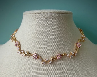 Unique leafy vine with bird choker necklace, Elegant cottagecore pink floral jewellery, Dainty pink cherry blossom choker, Romantic gifts