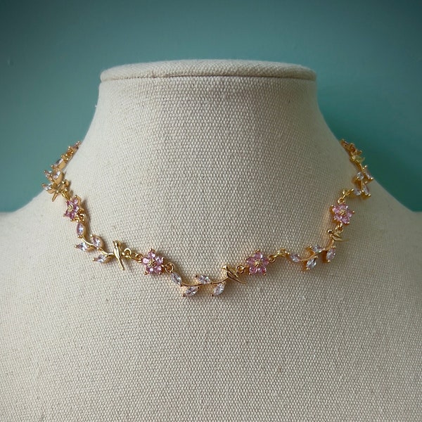 Unique leafy vine with bird choker necklace, Elegant cottagecore pink floral jewellery, Dainty pink cherry blossom choker, Romantic gifts