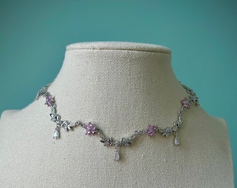 Silver teardrop pink flower choker necklace, Elegant fantasy regal regency jewelry, Pretty delicate angelic fairycore fairytale necklace