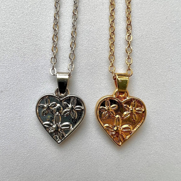 Collier coeur avec fleurs | Bijoux délicats minimalistes | Style botanique et floral | Joli superposition de bijoux | Collier pour couple BFF assorti