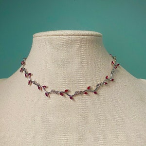 Delicate silver red leafy vine choker necklace, Simple bridal regal choker, Fairycore floral choker, Regency old money olive vine jewelry