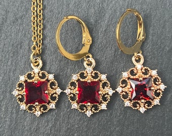 Old money hoop gold earrings, Elegant regency blue earrings, Sparkly opal pink huggies, Pretty amethyst white pendant, Dainty red huggies