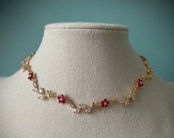 Unique leafy vine with bird choker necklace, Elegant cottagecore Ruby red flower jewellery, Ethereal whimsical botanical floral choker