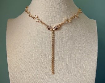 Gold angelic fairycore choker necklace, Dainty angel wings princess choker, Elegant bridal necklace, Occasional evening leafy vine jewellery