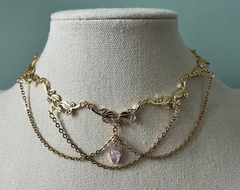 Gold draped leafy vine choker necklace, Beautiful regal fantasy wedding angelic jewelry, Whimsical ethereal pink teardrop fairycore choker
