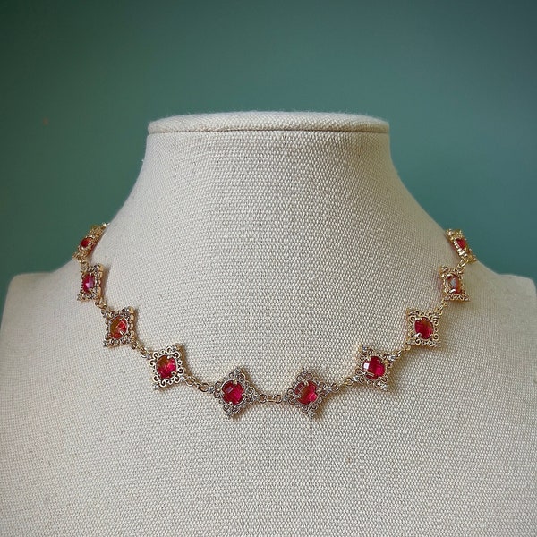 Mixed hot pink & yellow diamond choker necklace, Elegant regency gold historical tudor necklace, Medieval dainty ethereal evening jewelry