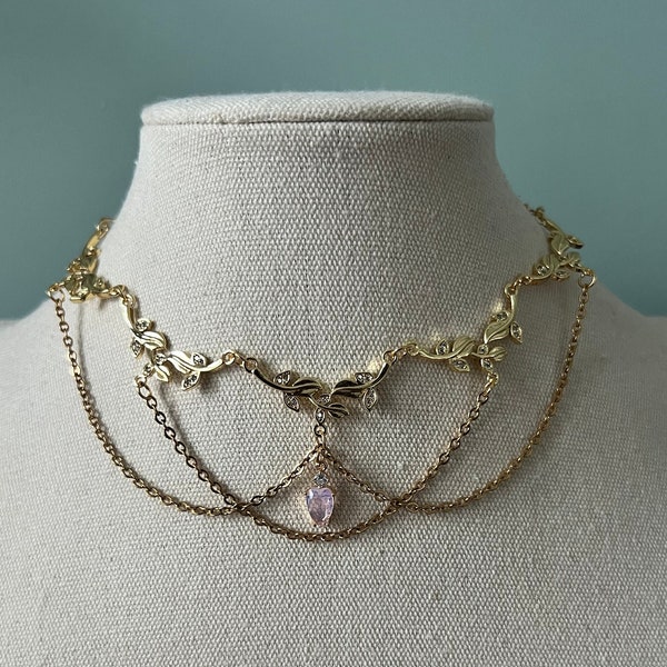 Gold draped leafy vine choker necklace, Beautiful regal fantasy wedding angelic jewelry, Whimsical ethereal pink teardrop fairycore choker
