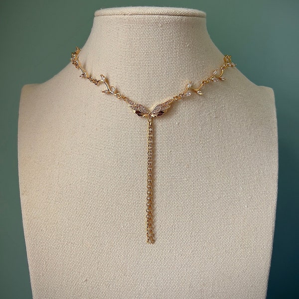 Gold angelic fairycore choker necklace, Dainty angel wings princess choker, Elegant bridal necklace, Occasional evening leafy vine jewellery