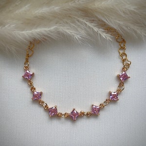 Light pink diamond bracelet, Dainty angelic gold fairycore bracelet, Elegant delicate feminine regency jewelry, Cute princess coquette charm