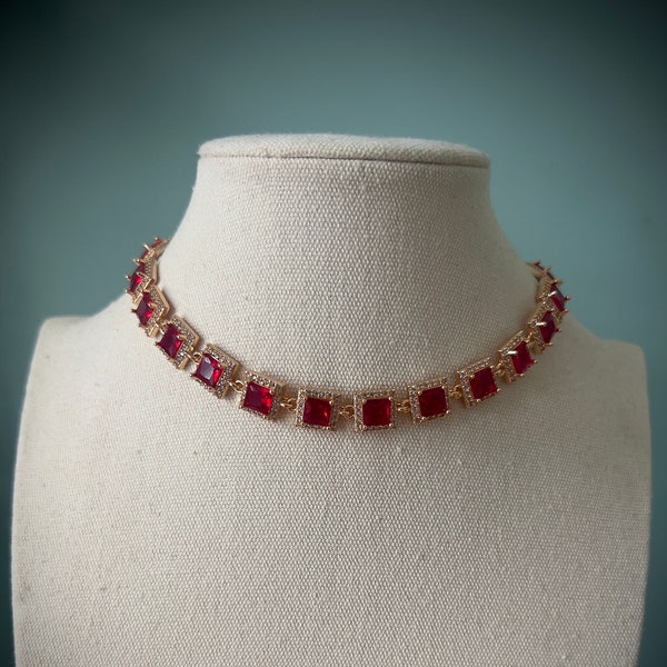 Ruby red tennis choker necklace, Dainty gold fairycore fantasy choker, Elegant regal royalcore renaissance necklace, Beautiful prom necklace