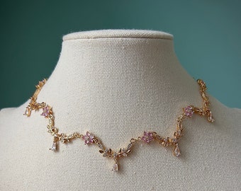 Gold teardrop pink flower choker necklace, Unique elegant bridal jewelry, Royal delicate regency choker, Pretty fairycore coquette pendant