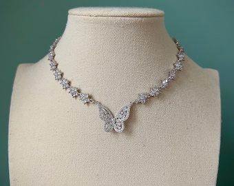 Sparkly Gold Butterfly White Flower Choker Necklace, Beautiful