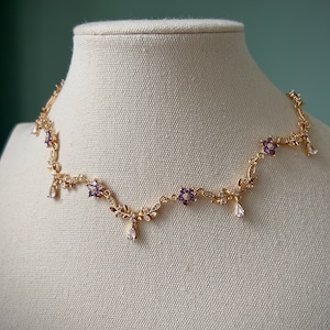 Gold Teardrop Purple Flower Choker Necklace, Elegant Lilac Regency ...