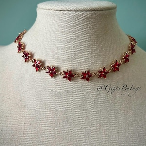 Dainty ruby red floral choker necklace, Ethereal angelic fairycore wedding choker, Gold fairy princess coquette charm, Cottagecore gifts