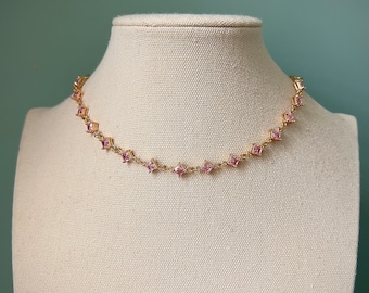 Light pink diamond choker necklace, Dainty angelic gold fairycore choker, Elegant delicate regency jewelry, Cute princess coquette charm