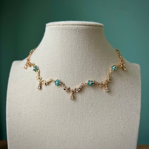 Gold teardrop blue flower choker necklace, Elegant turquoise regency jewelry, Royal delicate leafy vine choker, Pretty fairycore teal charms