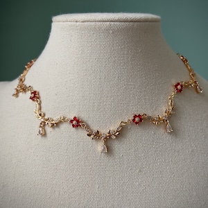 Gold teardrop red flower choker necklace, Elegant ruby red regency jewelry, Royal delicate leafy vine choker, Pretty fairycore fantasy charm