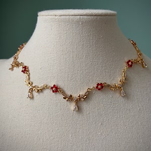 Gold teardrop red flower choker necklace, Elegant ruby red regency jewelry, Royal delicate leafy vine choker, Pretty fairycore fantasy charm