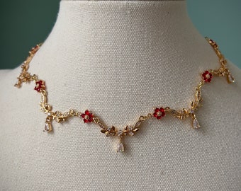 Gold teardrop red flower choker necklace, Elegant ruby red regency jewelry, Royal delicate leafy vine choker, Pretty fairycore fantasy charm