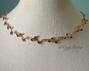 Delicate red leafy vine choker necklace, Simple bridal regal coquette choker, Gold fairycore floral necklace, Regency old money jewlery