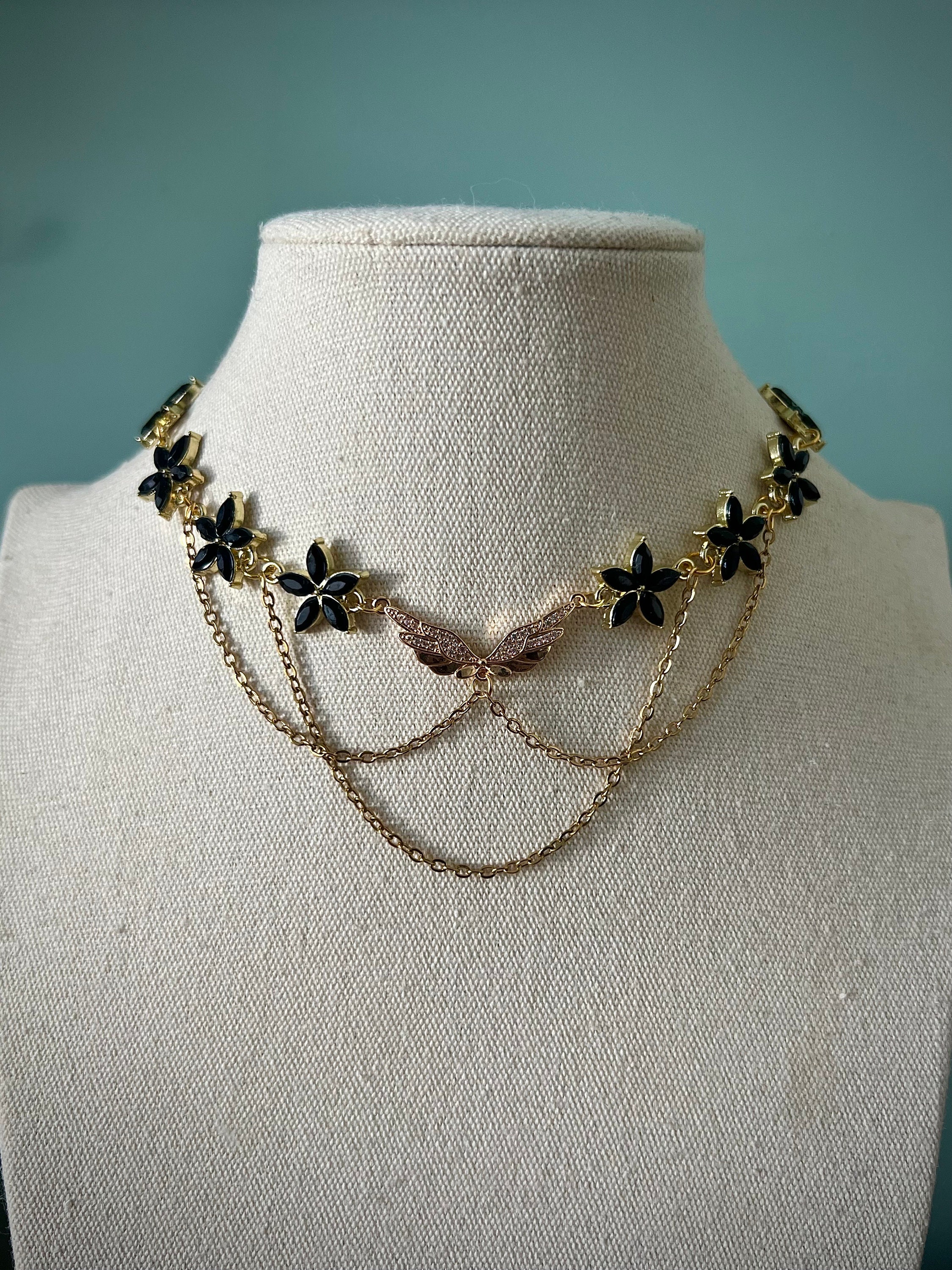 Elegant Purple Flower Butterfly Choker Necklace, Angelic