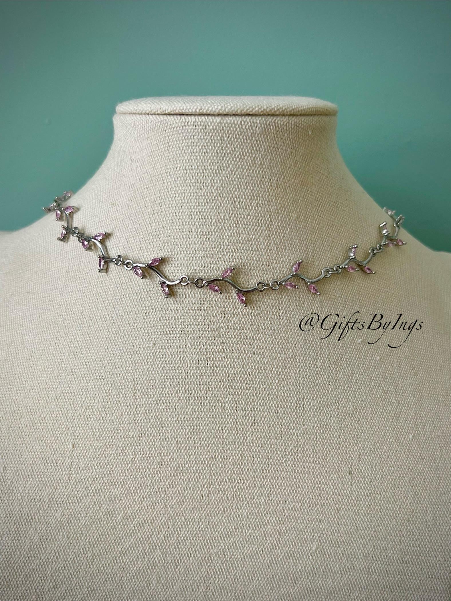 Rhinestone Leaf Vine Silver Necklace Choker Swarovski Crystal diamond Leafy Elegance Vine Leaves  main image 3