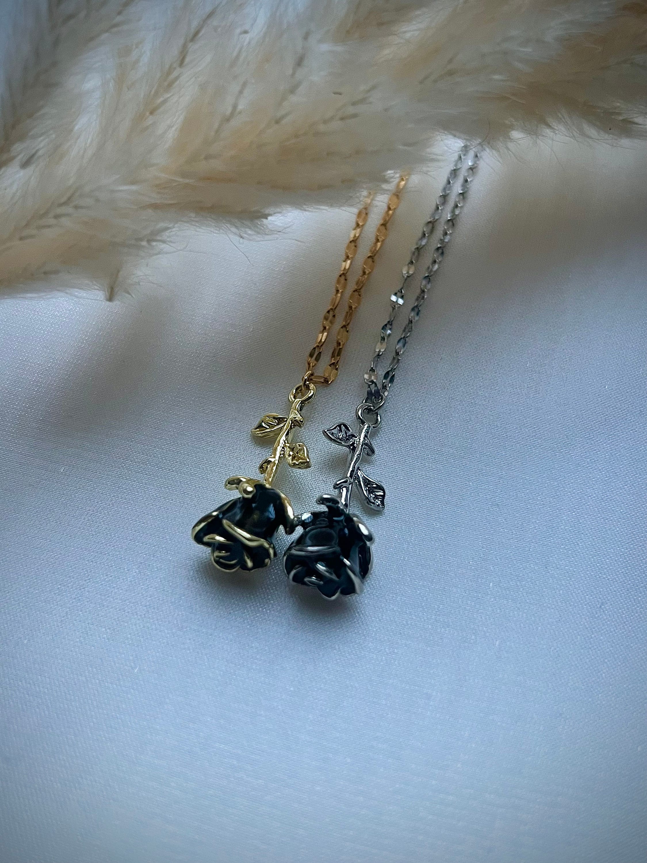Enchanting black rose necklace, Birth flower necklace, Pretty regal floral matching friendship necklace, Fairycore princess gothic jewelry