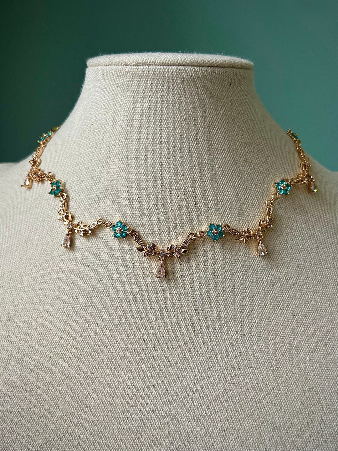 Gold Teardrop Blue Flower Choker Necklace, Elegant Turquoise Regency ...