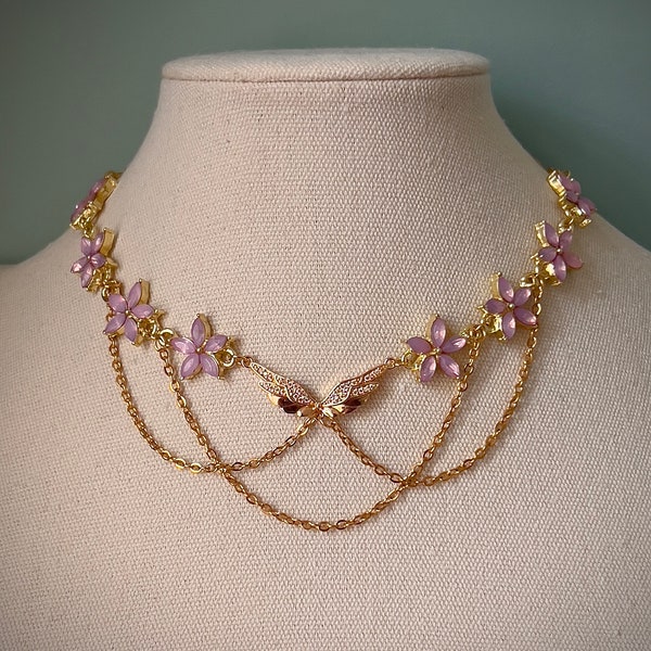 Elegant pink floral butterfly choker necklace, Angelic fairycore necklace, Gold regency princess choker, Evening/ party/ prom necklaces