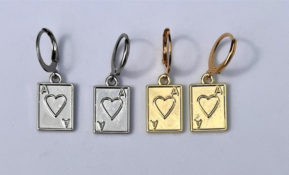 Ace of Hearts Earrings, Gold Hoop earrings, Silver Drop Poker earrings, Minimalist dainty matching jewelry set, ACE earrings, Card huggies