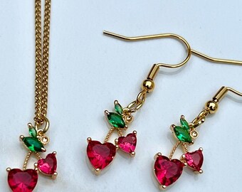 Cherry necklace, Cherry earrings, Sparkly heart necklace, Small pretty amethyst jewelry, Dainty ruby red fruit charm, Matching jewelry set