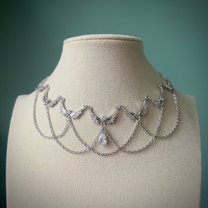 Elegant silver angelic angel wings choker necklace, Beautiful regal regency princess teardrop necklace, Extravagant bridal wedding jewelry