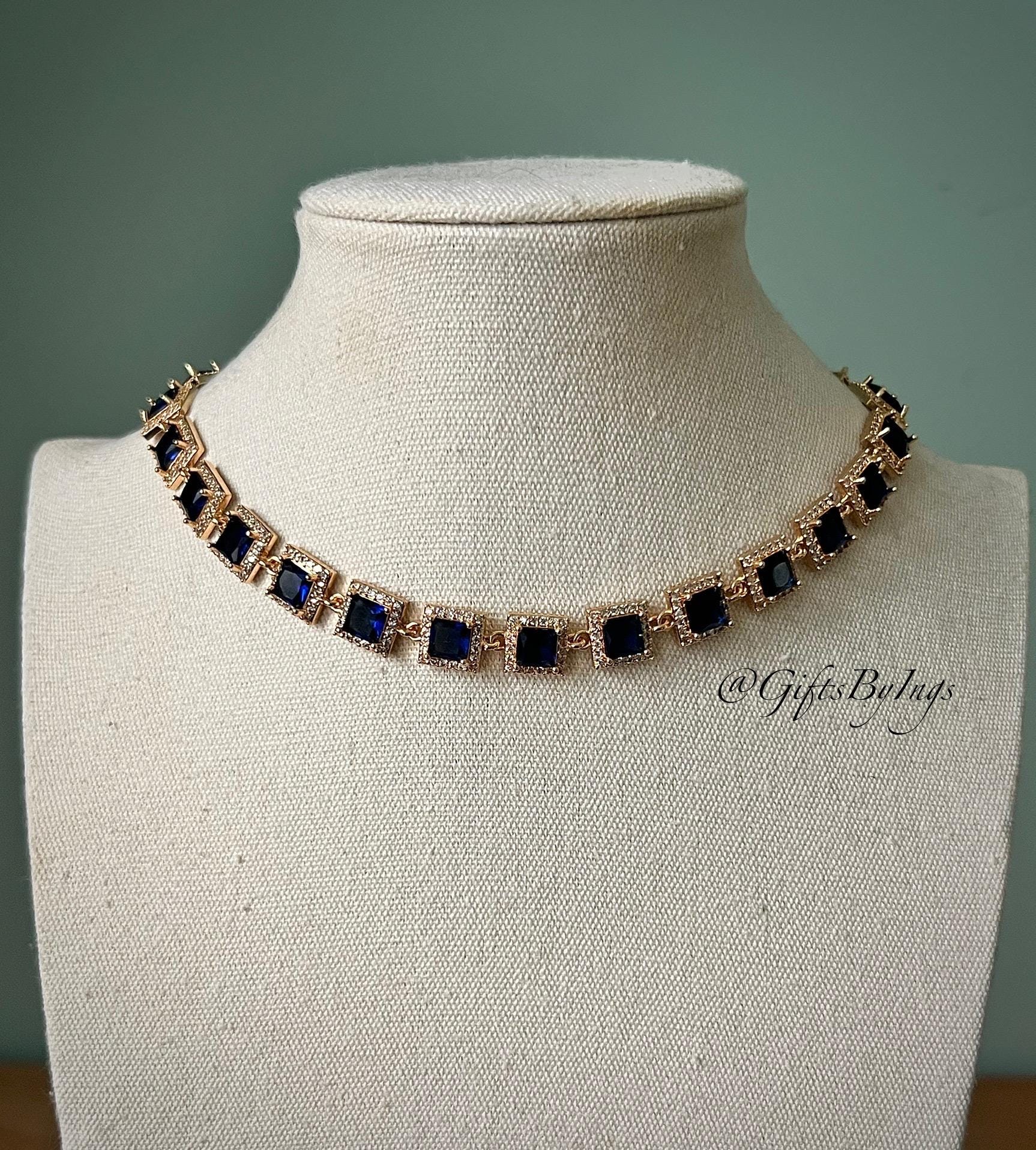 Navy blue tennis chain gold choker, Fairycore fantasy fairy necklace, Bridal wedding jewellery set, Delicate everyday pendant, Gifts for Her