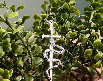 Silver Snake on Sword Pendant Necklace, Serpent Reptile Jewelry