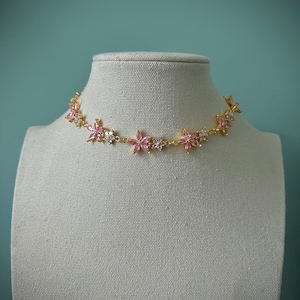 Angelic feminine fairycore necklace, Royalcore botanical pink flower fairytale choker necklace, Gold regency majestic princess fairy choker