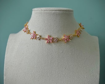 Angelic feminine fairycore necklace, Royalcore botanical pink flower fairytale choker necklace, Gold regency majestic princess fairy choker