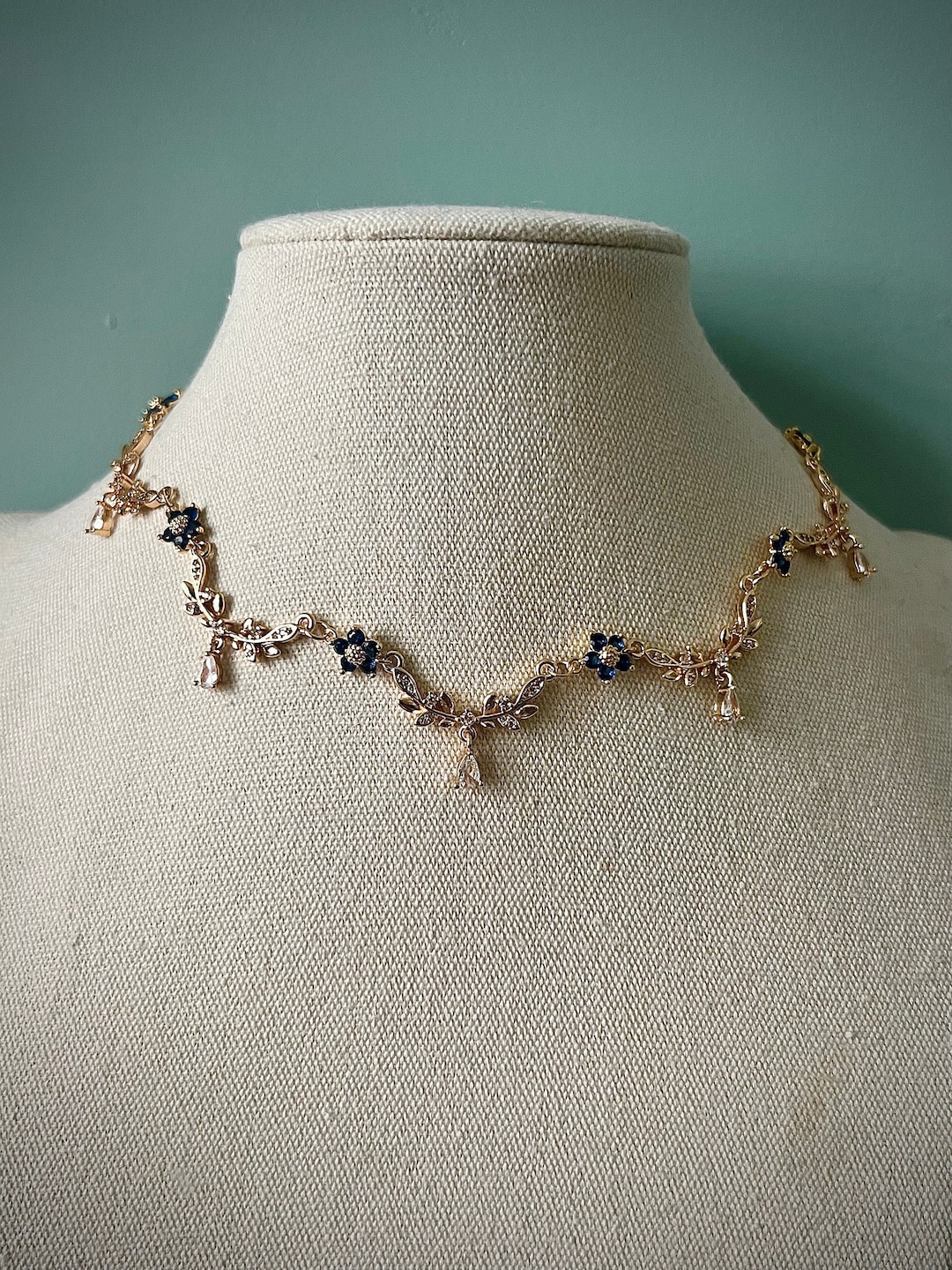 Gold Teardrop Navy Blue Flower Choker Necklace, Elegant Regency Jewelry ...
