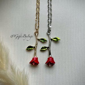 Angelic ethereal princess red rose necklace, Fantasy fairycore floral flower gold jewelry, Dreamy coquette matching best friend necklace