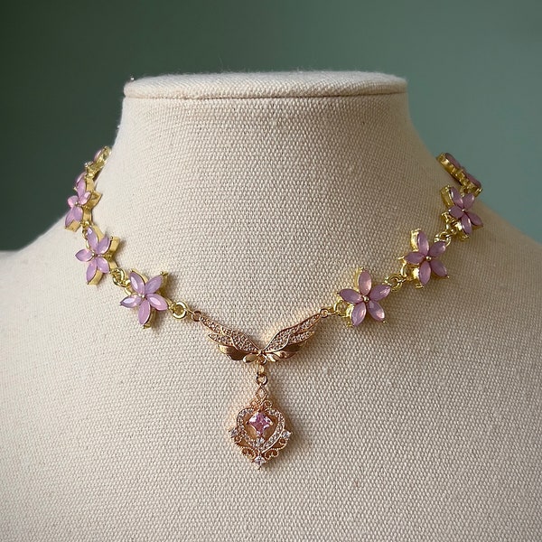Fairy inspired pink flower choker necklace, Beautiful anime cosplay princess choker, Gold coquette angelic jewelry, Regency crown necklace