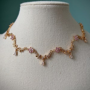 Gold Teardrop Pink Flower Choker Necklace, Unique Elegant Bridal ...