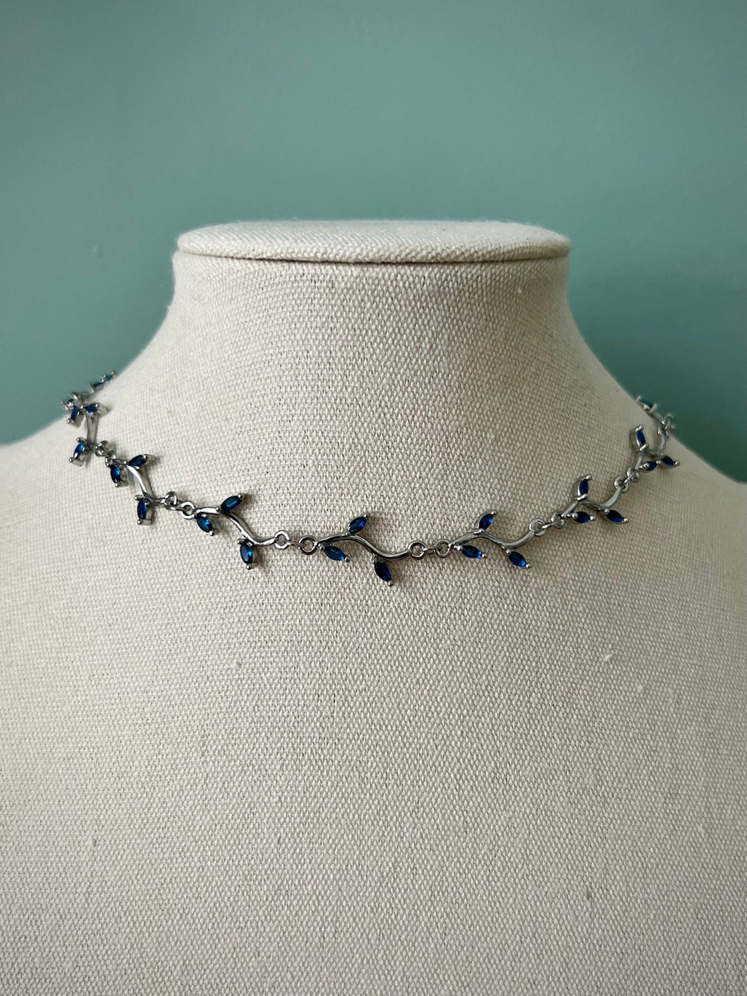 Delicate Navy Blue Leafy Vine Silver Choker Necklace, Regal Bridal ...
