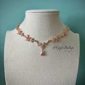 Elegant ethereal pink floral choker necklace, Regency bridal wedding gold choker, Fantasy fairycore fairy princess ballroom flower jewelry image 3